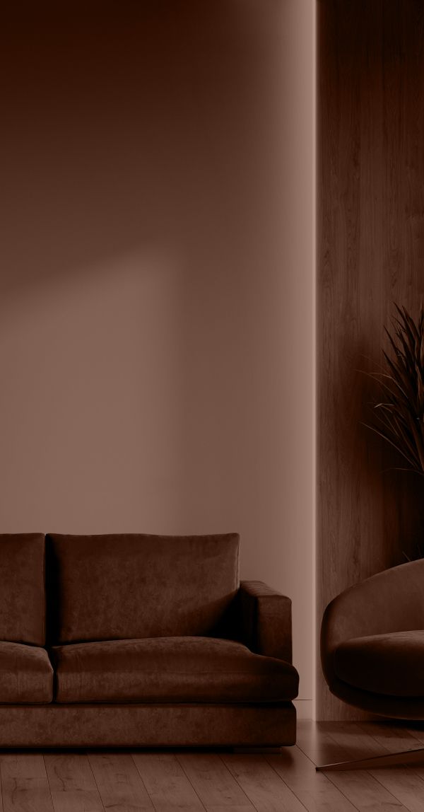 Modern living room with brown furniture and decor.